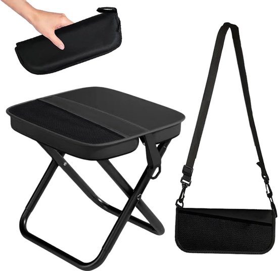 Opvouwbare kampeerstoel - met net en schouderbanden - Viskruk - Camping opvouwbare kruk - Mini opvouwbare stoel - Opvouwbare stoel voor buiten - Geschikt voor reizen, picknicks, wandelen, vissen, tuinieren - Zwart van Merkloos