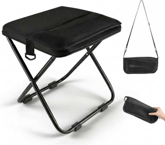 Opvouwbare kampeerstoel - Pvouwbare kruk voor buitenrugzak - Draagbare opvouwbare kruk met draagriem - Opvouwbare rugzakkruk - Klapkruk met Draagtas met Ritssluiting voor Vissen, Reizen, Wandelen, Picknick (zwart, groot)