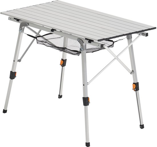 Opvouwbare kampeertafel, draagbare oprolbare aluminium bijzettafel met verstelbare hoogte, opbergvak van gaas en draagtas, ideaal voor barbecues, picknicks, tailgating en reizen, zilverkleurig