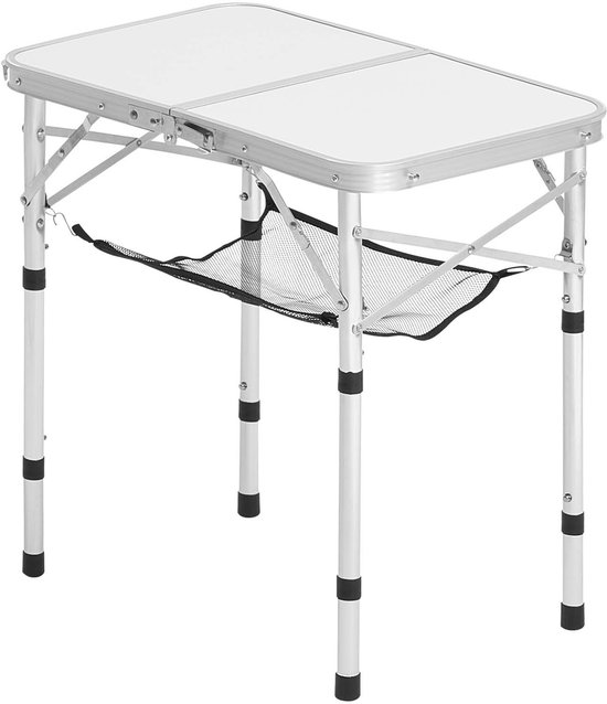Opvouwbare kampeertafel, in hoogte verstelbare draagbare bijzettafel, aluminium MDF-buitentafel met gaasplank, draaggreep, lichtgewicht en compact voor picknicks, barbecues en koken, 61 x 41 cm, zilverkleurig