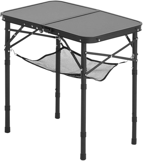 Opvouwbare kampeertafel, in hoogte verstelbare draagbare bijzettafel, aluminium MDF-buitentafel met gaasplank, draaggreep, lichtgewicht en compact voor picknicks, barbecues en koken, 61 x 41 cm, zwart