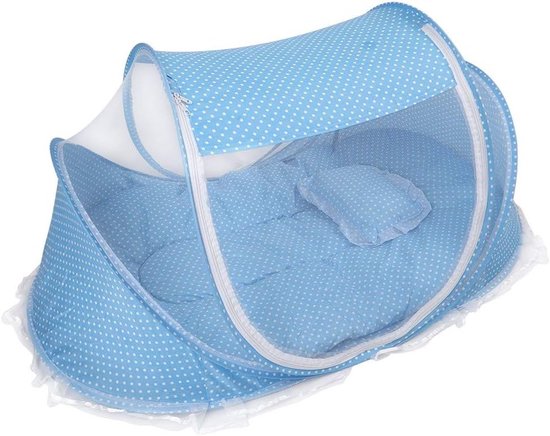Opvouwbare Kindertent met Muggennet, Ideaal voor Babybedje en Reis, Inclusief Kussen en Matrasbescherming (Blauw)