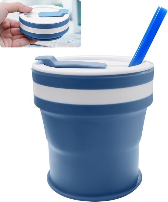 Opvouwbare Koffiemok - Reisbeker Rietje - Coffee To Go - Licht en Lekvrij - 350 ml Inhoud - Blauw