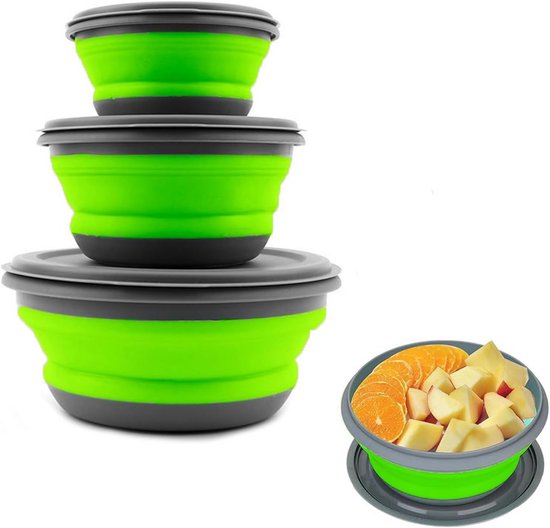 Opvouwbare Kom - Kampeerkommen Set - Buiten Eten - Drie Delige Set - Tot 19cm Diameter - Mos Groen