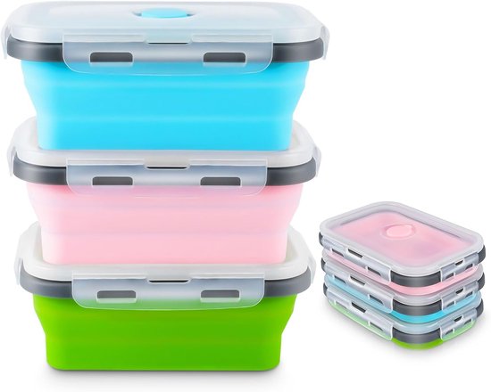 Opvouwbare kommen - Siliconen bakjes - Lunch en reizen - Lekvrij clipdeksel - 3 stuks 500 ml - Blauw groen roze