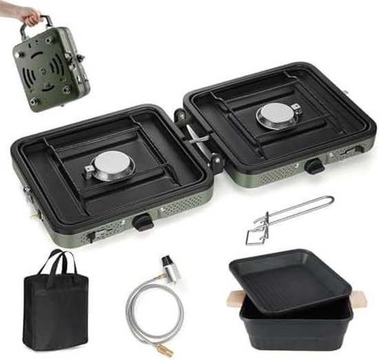 Opvouwbare Kookplaat - Camping Fornuis - Buiten Koken - Dubbele Branders - 16000 BTU - Zwart