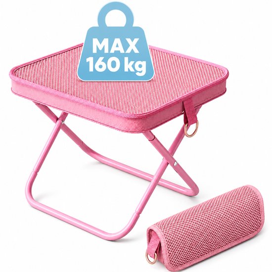 Opvouwbare Kruk - Campingkruk tot 160 kg - Lichtgewicht 0,5 kg - Compacte Klapkruk met Draaglus - Viskruk voor Kamperen, Vissen, Picknick & Festival - Roze