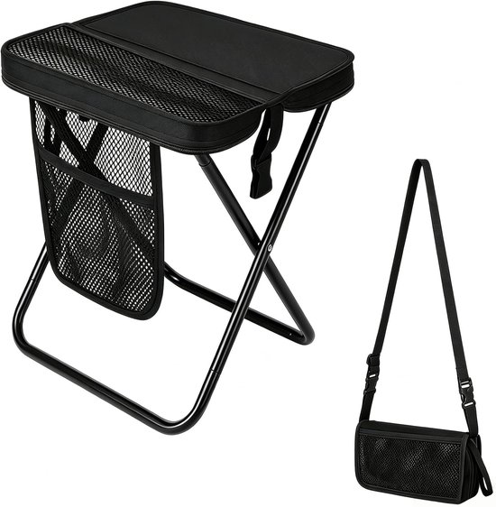Opvouwbare Kruk - Opvouwbare Stoel - Inklapbare Kruk - Camping Krukje - Campingstoel - Rugzak Opvouwbare Kruk - met Verstelbare Schouderriem - Draagbare Opvouwbare Kruk - Zwart