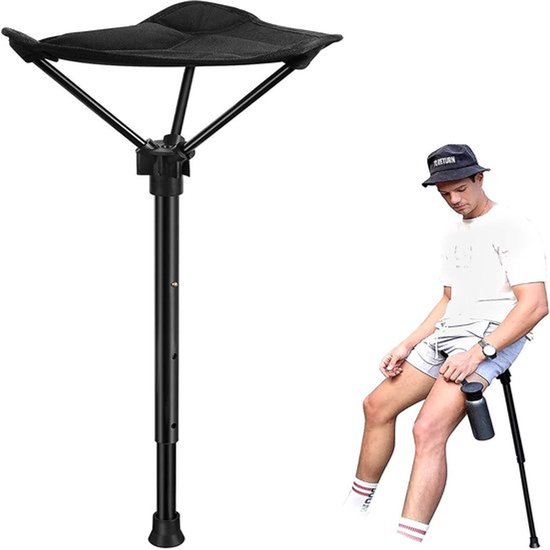 Opvouwbare kruk - Telescopische kruk - Verstelbare hoogte - Wandelkruk - Lichtgewicht viskruk - Lichtgewicht - Aluminium - Draagbaar voor buiten - Kamperen - Eén poot - Zwart