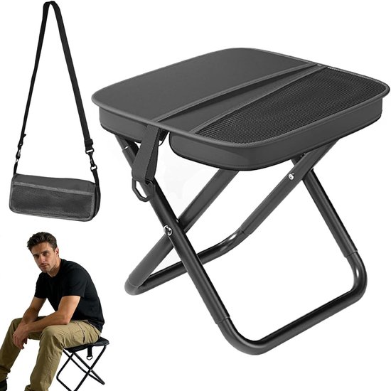 Opvouwbare Kruk voor Camping, Hiking en Vissen - Draagbare Stoel met Draagriem, 150 kg Belastbaarheid, Compact en Lichtgewicht 11 x 26 x 26 cm, Zwart
