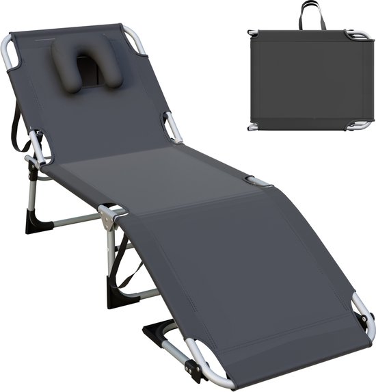 Opvouwbare Ligstoel 190 cm - Donkergrijs - Verstelbare Strandstoel met Kussen - 160 kg Belastbaar - Zonneligbed voor Tuin, Strand & Camping - 600D Oxford