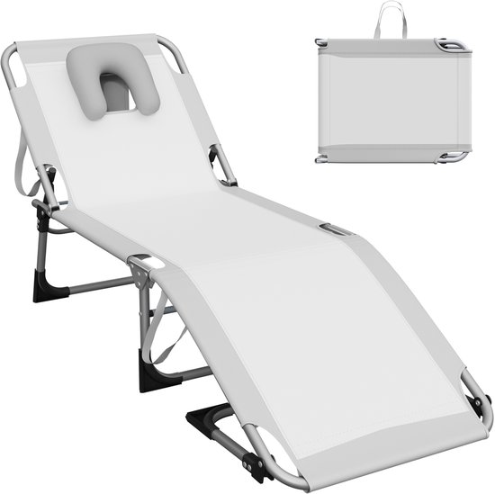 Opvouwbare Ligstoel 190 cm - Lichtgrijs - Verstelbare Strandstoel met Kussen - 160 kg Belastbaar - Zonneligbed voor Tuin, Strand & Camping - 600D Oxford