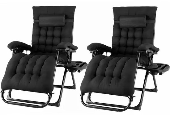 Opvouwbare Ligstoel met Hoofdsteun en Bekerhouder – 2 stuks - 5 Verstelbare Standen – Inclusief Comfortabel Kussen – Ideaal voor Camping, Tuin, Terras & Strand - Zwart