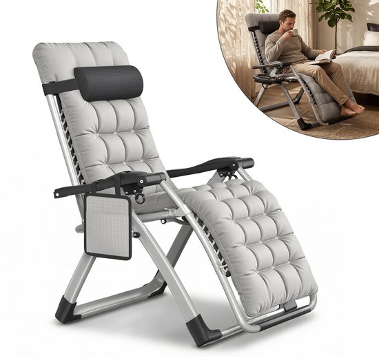 Opvouwbare ligstoel – Relaxstoel met zijtas – inklapbare tuinstoel 90°–170° – tot 160 kg belastbaar – campingstoel voor tuin, balkon & camping – Lichtgrijs