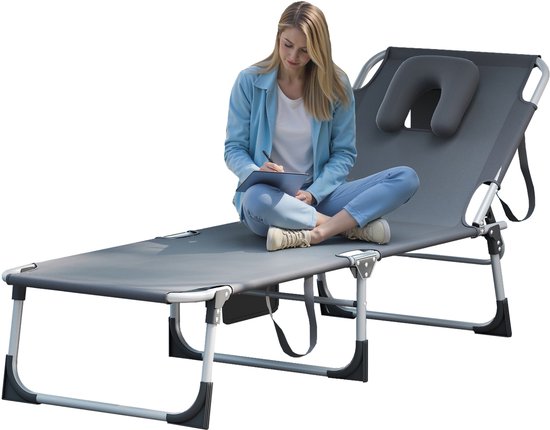 Opvouwbare Ligstoel, Zwembad met Tas, Hoofdsteun, Gezichtsgat, Verstelbare Rugleuning, Relaxstoel van Metalen Frame, Donkergrijs Campingstoel, Zonnebad voor Tuin/Buiten/Terras, NAIZY van Merkloos