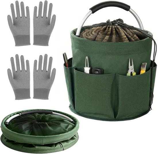 Opvouwbare mand - Opbergmand picknickmand - Buitenactiviteiten organiseren - Trekkoordsluiting - 28 x 28 cm - Groen