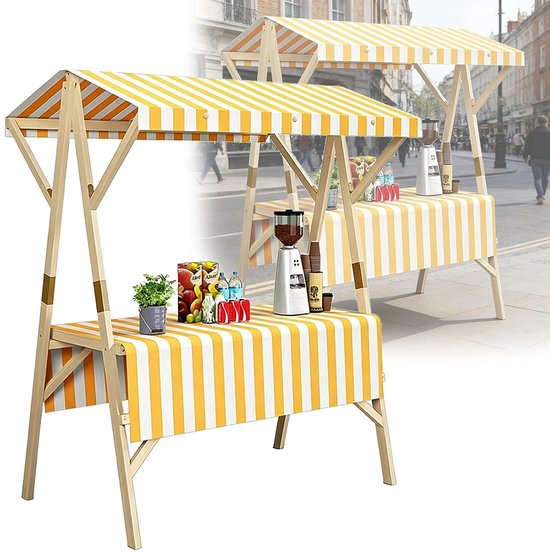 Opvouwbare Marktkraam - Draagbare Houten Stand - Straatverkoop Evenementen - Inclusief Gestreepte Luifel - 150 x 30 x 30 cm