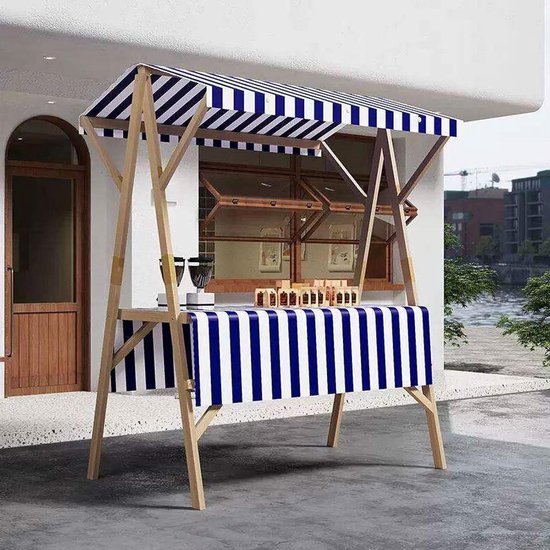 Opvouwbare marktkraam - Verkoopkar buiten - Straatverkoop evenementen - Stijlvolle luifel ontwerp - 150 cm breed - Blauw gestreept