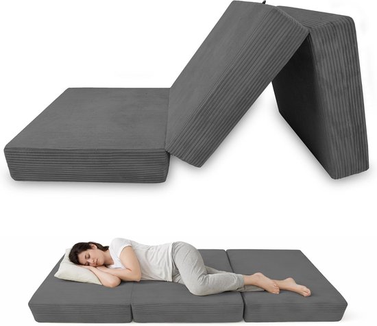 Opvouwbare Matras - Gastenbed Logeerbed - Extra Slaapplaats - 3-Delig Rib Corduroy - 140x195x15 cm - Donkergrijs van Merkloos