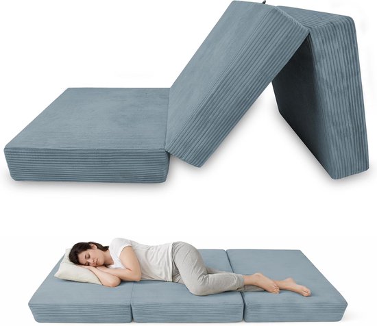 Opvouwbare Matras - Logeer Matras - Extra Slaapplaats - 3-Delig Ontwerp - 80x195x15 cm - Blauw Ribcord