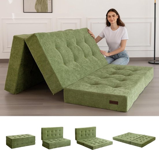Opvouwbare Matras - Vouwmatras Futon - Extra Slaapplek - Chenille Stof - 15 cm Dik - Lichtgroen