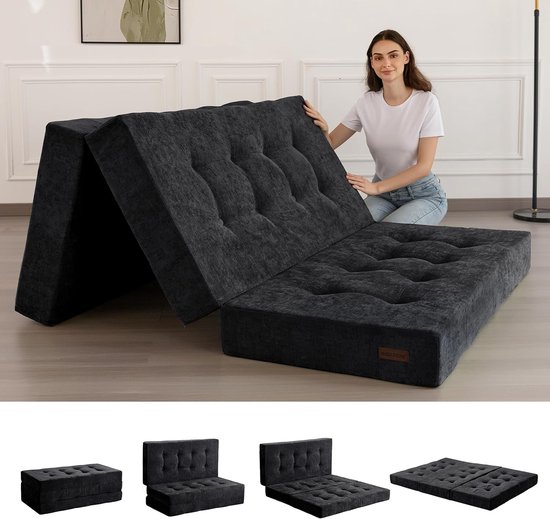 Opvouwbare Matras - Vouwmatras Futon - Logeren Kamperen - 15cm Dik Schuim - 190x90cm Enkel - Zwart