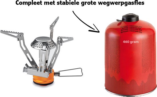 Opvouwbare mini kampeer kooktoestel met piezo - in koker - 7/16" EU aansluiting - Compleet met extra grote wegwerpcilinder 460gram van Safarica