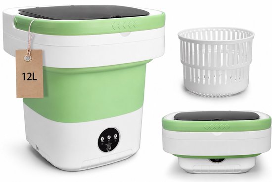 Opvouwbare Mini Wasmachine - 12L - Camping Wasmachine met Centrifuge Mandje - Draagbare Kleine Wasmachine voor Camping Apartement Kamer of Reizen - Smart Touch - 31.8 x 31.8 x 33 cm - Groen & Wit