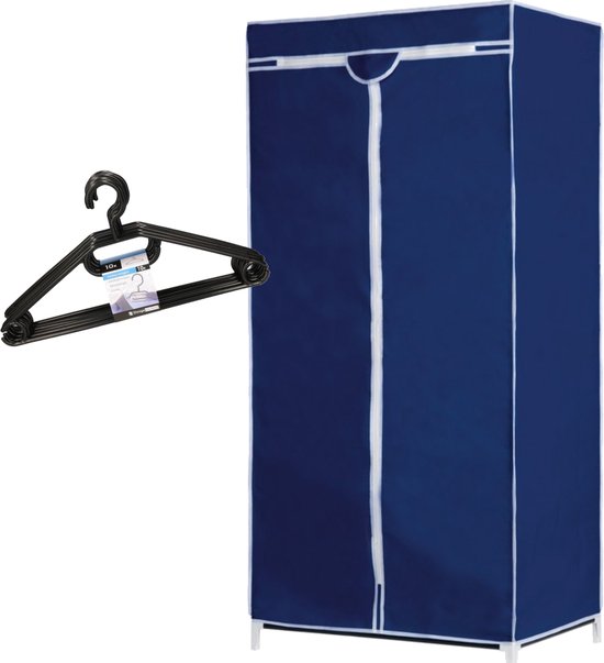 Opvouwbare mobiele kledingkast - met blauwe hoes - 160 cm - incl. 10x plastic kledinghangers zwart