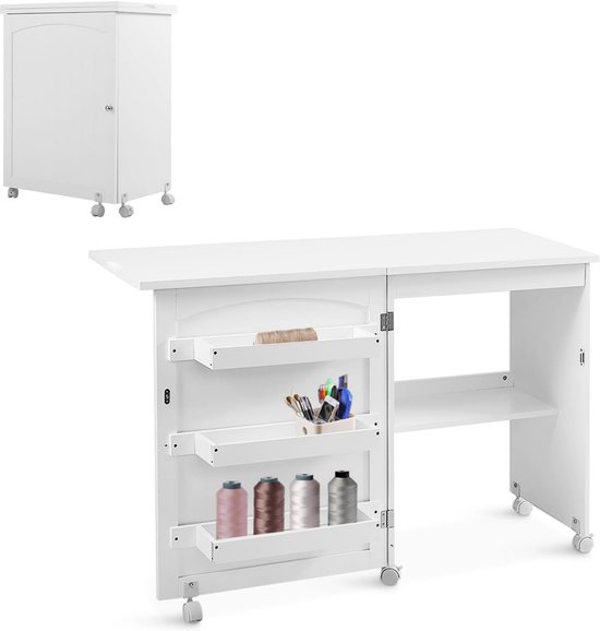 Opvouwbare Naaitafel - Naaimachine Kast - Hobby Projecten - Inklapbaar Met Wielen - 1185 cm Breed - Wit