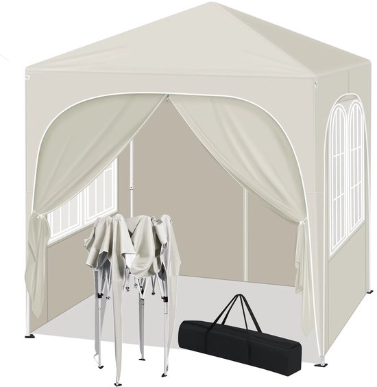 Opvouwbare Partytent - Easy up Partytent - Pop-up Paviljoen - 2x2m - Verstelbare Hoogte - Zijwanden - Waterdicht - UV - Bescherming - Buiten - Beige van Luminello