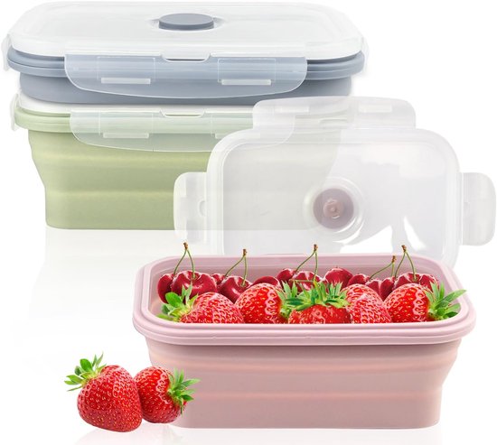 Opvouwbare rechthoek kom - 550ML - Draagbare lunchbox - Slakom - kom van siliconen - kom voor camping - Groente - Inklapbare Vershoudbakjes - voor keuken, camping, outdoor en picknick - 12*6.5cm - 3 Stuks - Groen+Grijs+Roze