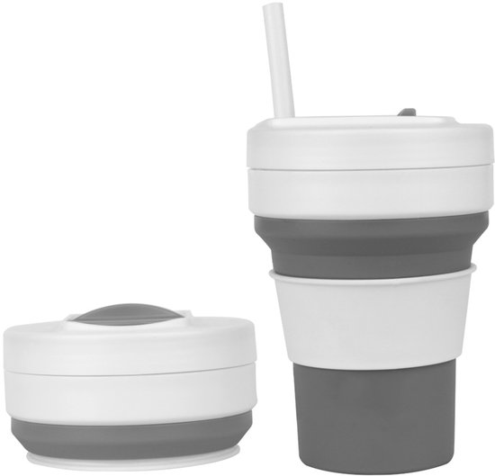 Opvouwbare Reisbeker 350ml - Opvouwbare Siliconen Drinkbeker Met Deksel - Voor Warme En Koude Dranken - Met Rietje - Lekvrij En Lichtgewicht - Herbruikbare Sportwaterfles - Voor Kamperen Wandelen Sport En Reizen - Outdoor Drinkfles - Grijs En Wit