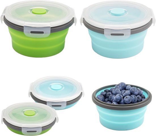 Opvouwbare ronde kom - 350ML - Draagbare lunchbox - Slakom - kom van siliconen - kom voor camping - Groente - Inklapbare Vershoudbakjes - voor keuken, camping, outdoor en picknick - 12*6.5cm - 2 Stuks - Groen+Blauw