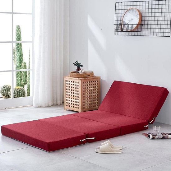 Opvouwbare Schuimmatras - Draagbare Futon Bodembed - Logeerpartij Gasten - Afneembare Hoes - 200 cm lang - Rood