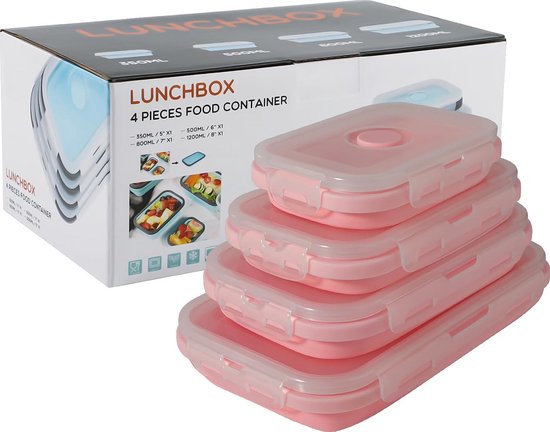 Opvouwbare Siliconen Containers - Lunchbox Set - Voedsel Opslag - Ruimtebesparend Inklapbaar - Set van 4 - Roze