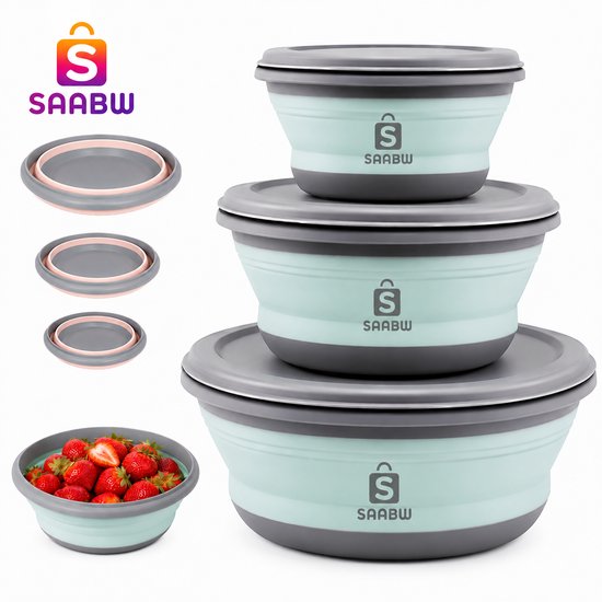 Opvouwbare Siliconen Vershoudbakjes Set van 3 met Deksel – Inklapbare Voedselcontainers 300ml, 600ml en 900ml – BPA-vrije Lunchbox Bewaarbakjes voor Keuken en Reizen – siliconen vershoudbakjes – voedselopslag containers – reis lunchbox – 77918