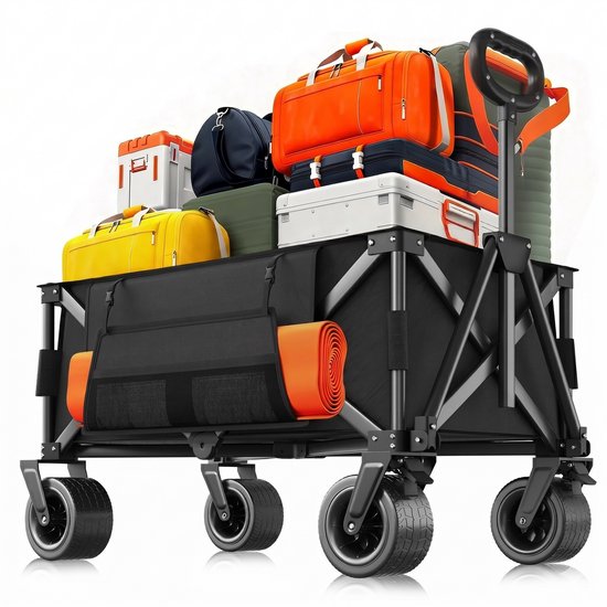 Opvouwbare strandkar met grote all-terrain wielen - inklapbare handkar campingkar tuinkar picknick - 600D Oxford versterkt stalen frame - voor strand tuin festival - verstelbaar handvat - draagbaar compact opvouwbaar - zwart