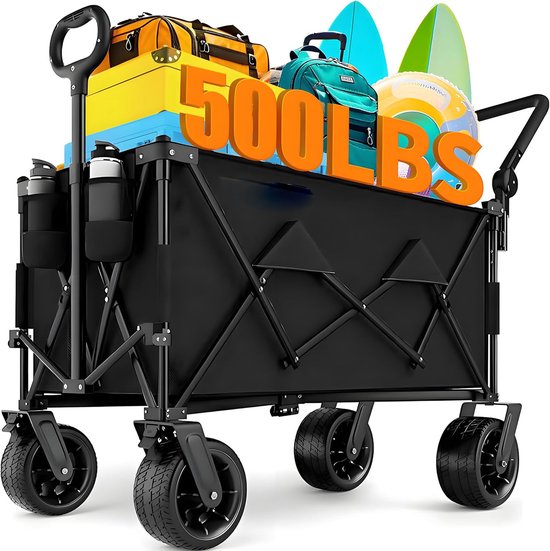 Opvouwbare Strandkar met Uitschuifbare Handgreep - Bolderkar met Wielen - All-Terrain Transportwagen - 360° Draaibare Voorwielen - Draagbare Campingkar - Vouwbare Trolley voor Picknick & Outdoor - Zwart van Merkloos