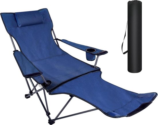 Opvouwbare strandstoel verstelbaar met afneembare voetsteun - lichtgewicht draagbare ligstoel voor buiten - blauw strandmat met rugleuning