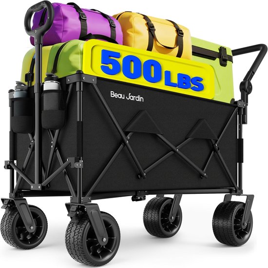 Opvouwbare strandwagen - bolderkar met wielen voor elk terrein - met intrekbare handgreep en draaibare voorwielen - voor strand, camping en picknick