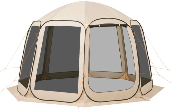 Opvouwbare Tent, 365,76 X 335,28 cm, Draagbare Kampeertent voor 10-12 Personen, inclusief Net, Draagtas, Zijwanden en Haringen, Geschikt voor Tuin, Terras en Buitengebruik,Beige