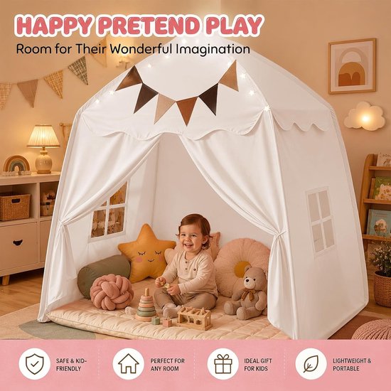 Opvouwbare tipi koepeltent, speelhuis voor kinderen, ideaal voor binnen en buiten, 150 x 100 x 150 cm, crème kleur