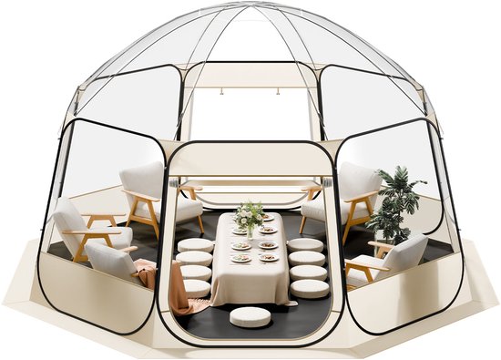 Opvouwbare Transparante Bubbel Tent, 458 X 432 X 230 Cm, Ruime Camping- en Tuintent met Ramen, 540° Panoramisch Uitzicht, Geschikt voor 12-15 Personen, Ideaal voor Terras en Achtertuin