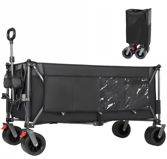 Opvouwbare transportkar met 300L inhoud, 250kg draagvermogen, 130cm verlengd en extra breed (17x10cm), voorzien van all-terrein wielen. Gepatenteerd 4-weg direct opbouwsysteem. Zwart.
