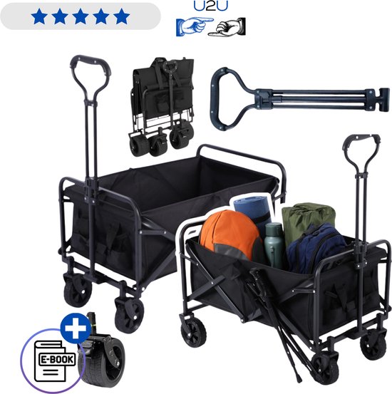 Opvouwbare transportwagen 120 liter zwart, inklapbare strandkar en tuinkar tot 80 kg, stevige bolderkar met 4 wielen, ergonomische handgreep en bekerhouders voor strand tuin boodschappen en camping praktisch en ruimtebesparend Met Ebook van Merkloos