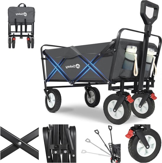 Opvouwbare transportwagen met rubberen wielen 200 kg - tuinkarren met remmen - voor oneffen terrein - strand camping kinderen grijs van AREBOS