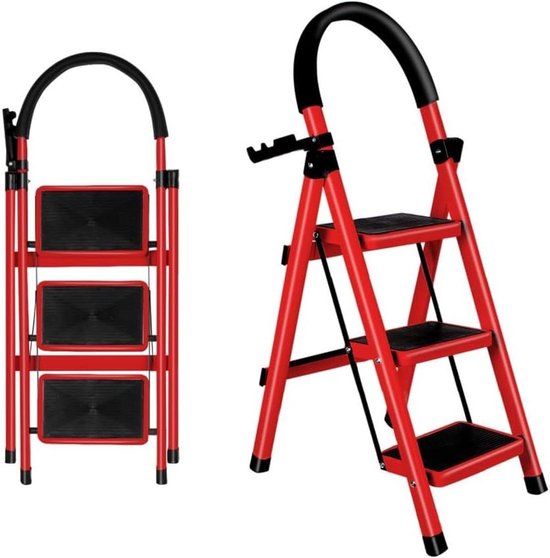 Opvouwbare trap - Huishoudtrap - Klusjes in huis - Extra brede armleuningen - 3 treden - Rood