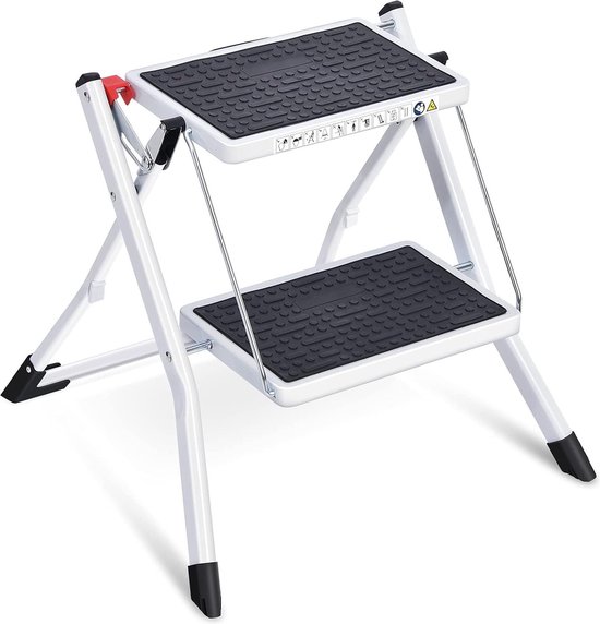 Opvouwbare Trapladder 2 Treden Draagbaar-Groot Platform-Stalen Huishoudtrap-Opstapje Thuis Keuken-Wit van Livin24