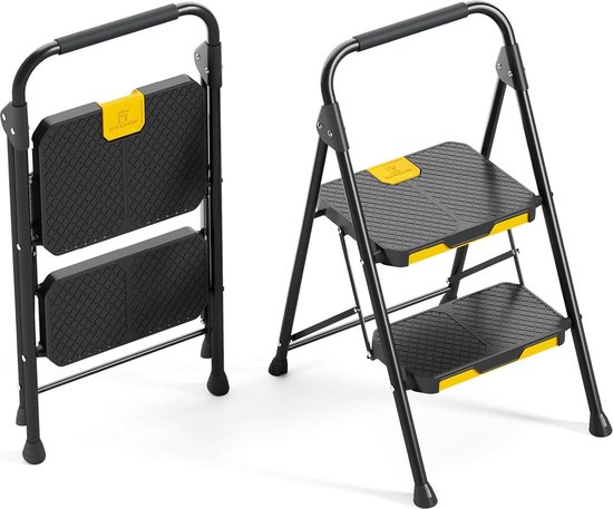 Opvouwbare Trapladder 2 Treden - Vouwladder met Veilige Vergrendeling - Brede Antislip Pedalen - Leuningen - Passeer 400kg Test - Huishoudtrap voor keuken Thuis Zwart van NOVALEXTools
